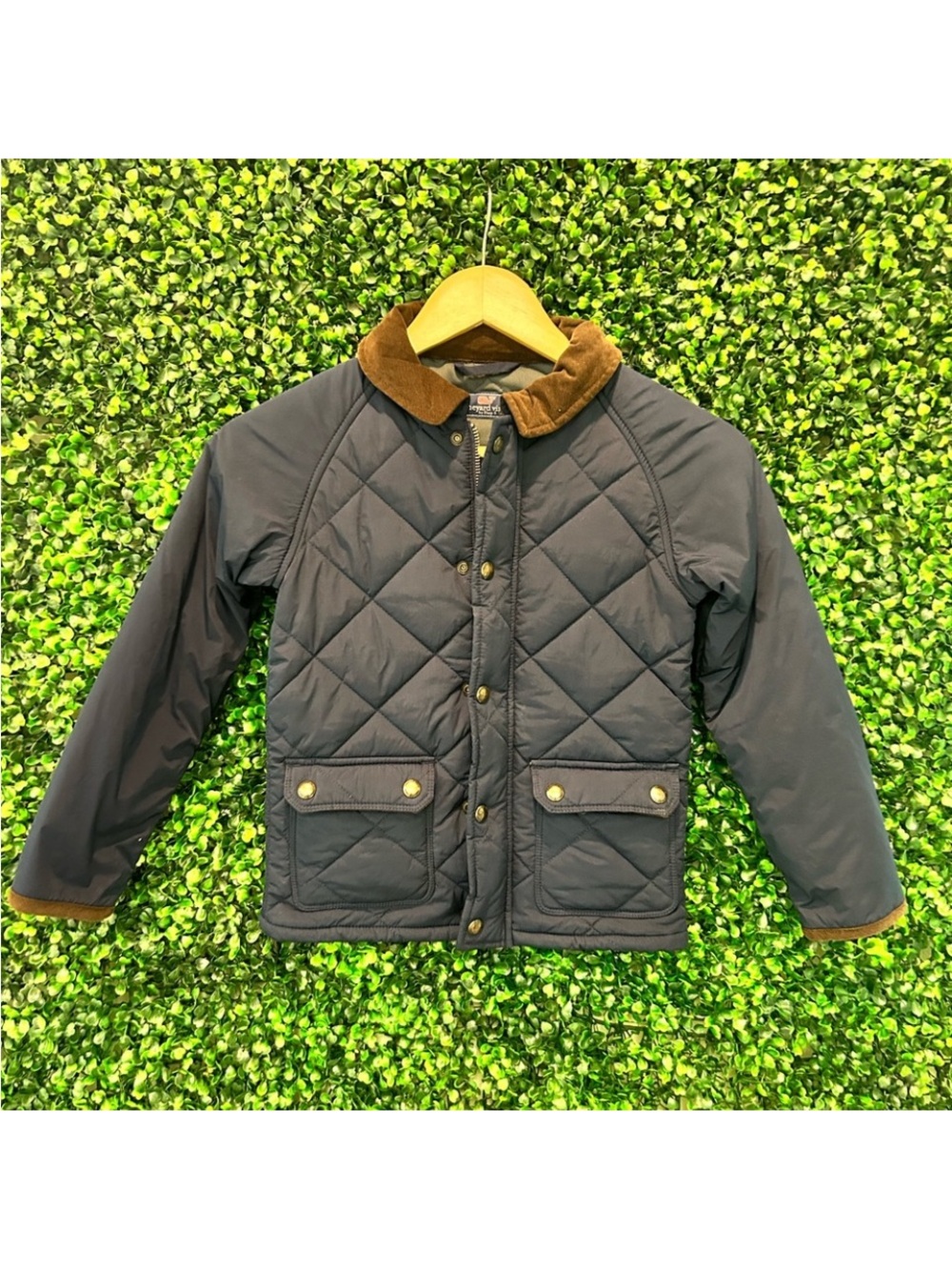 Vineyard Vines Navy Quilted Barn Coat with Brown Corduroy Collar